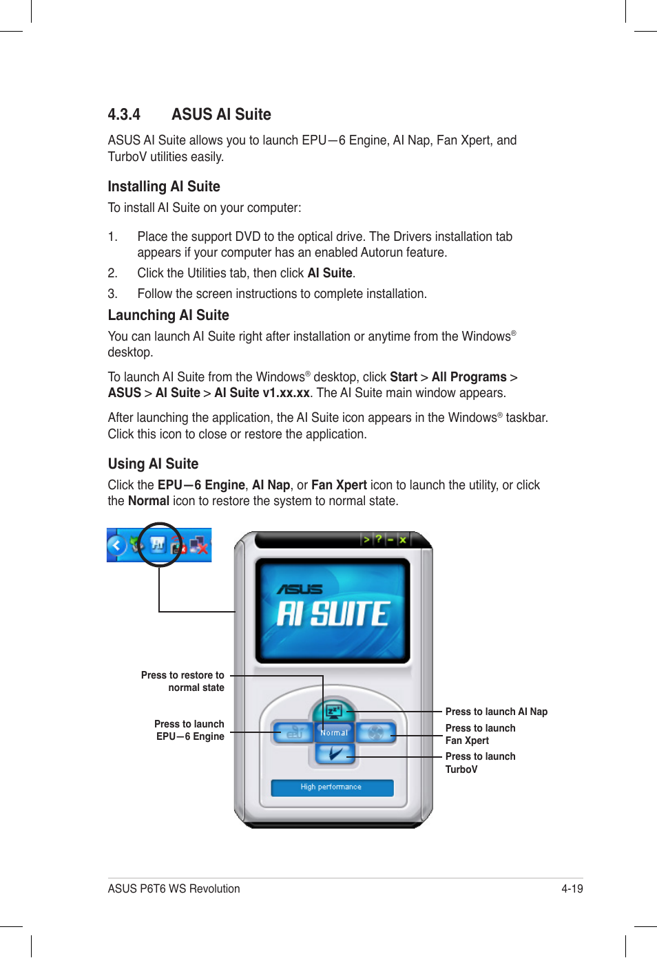 4 asus ai suite, 4 asus ai suite -19, Installing ai suite | Launching ai suite, Using ai suite | Asus P6T6 WS Revolution User Manual | Page 127 / 184