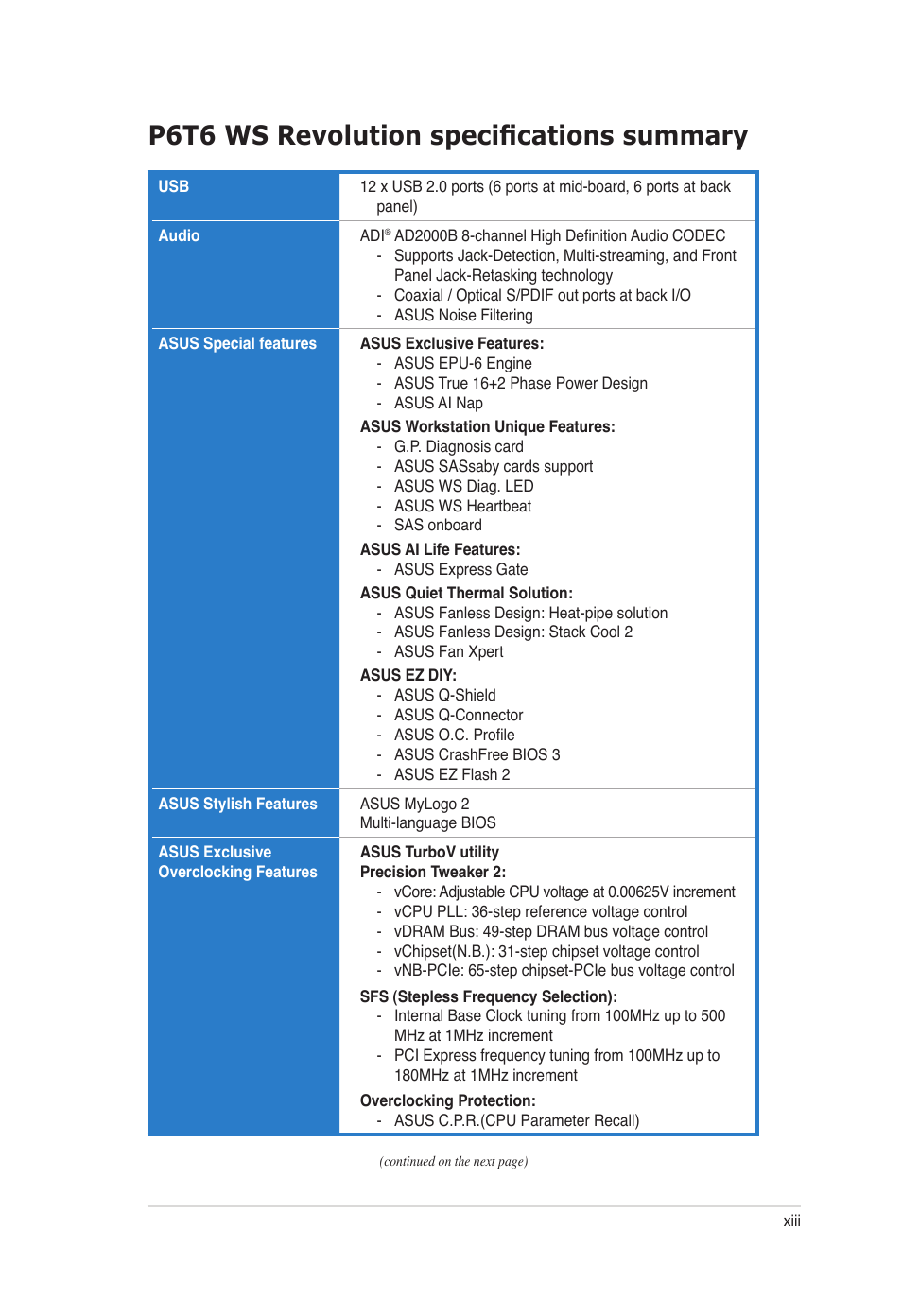 P6t6 ws revolution specifications summary | Asus P6T6 WS Revolution User Manual | Page 13 / 184