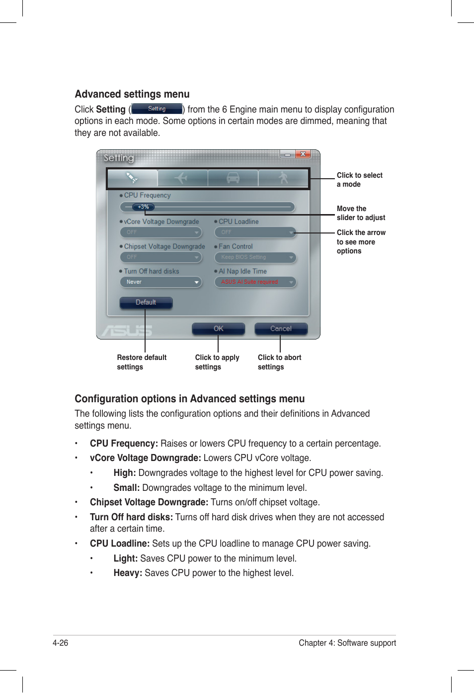 Configuration options in advanced settings menu, Advanced settings menu | Asus P6T6 WS Revolution User Manual | Page 134 / 184