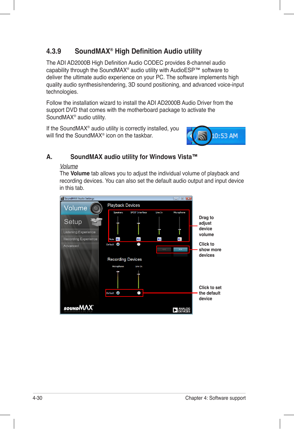 9 soundmax® high definition audio utility, Soundmax, High definition audio utility -30 | 9 soundmax, High definition audio utility, A. soundmax audio utility for windows vista | Asus P6T6 WS Revolution User Manual | Page 138 / 184