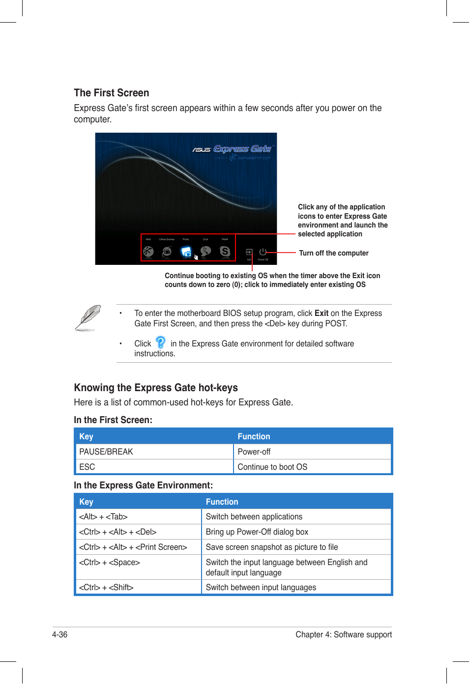 The first screen, Knowing the express gate hot-keys | Asus P6T6 WS Revolution User Manual | Page 144 / 184