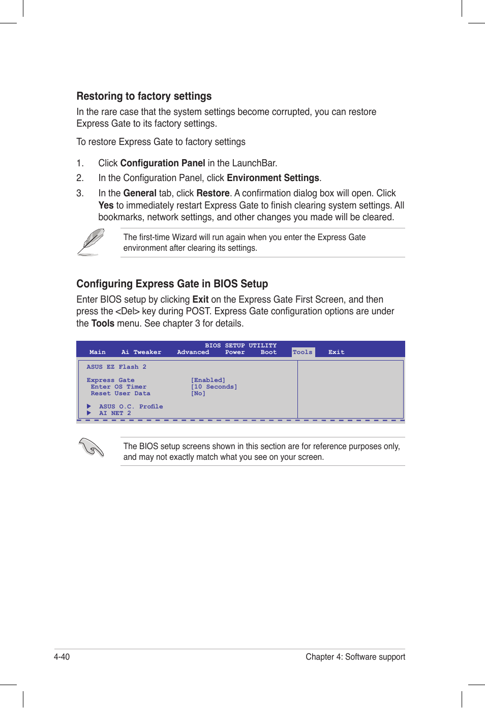 Restoring to factory settings, Configuring express gate in bios setup | Asus P6T6 WS Revolution User Manual | Page 148 / 184