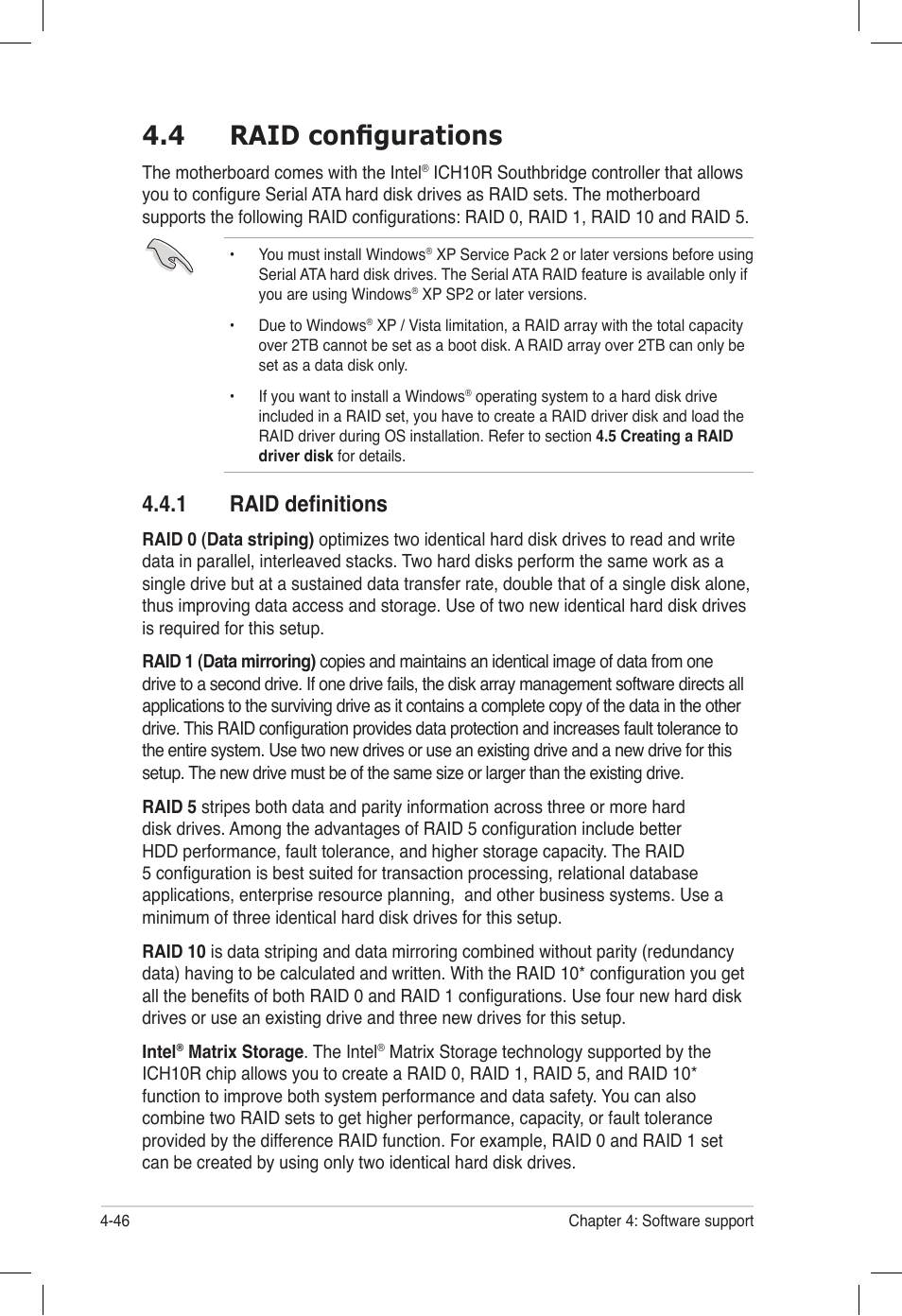 4 raid configurations, 1 raid definitions, Raid configurations -46 4.4.1 | Raid definitions -46 | Asus P6T6 WS Revolution User Manual | Page 154 / 184