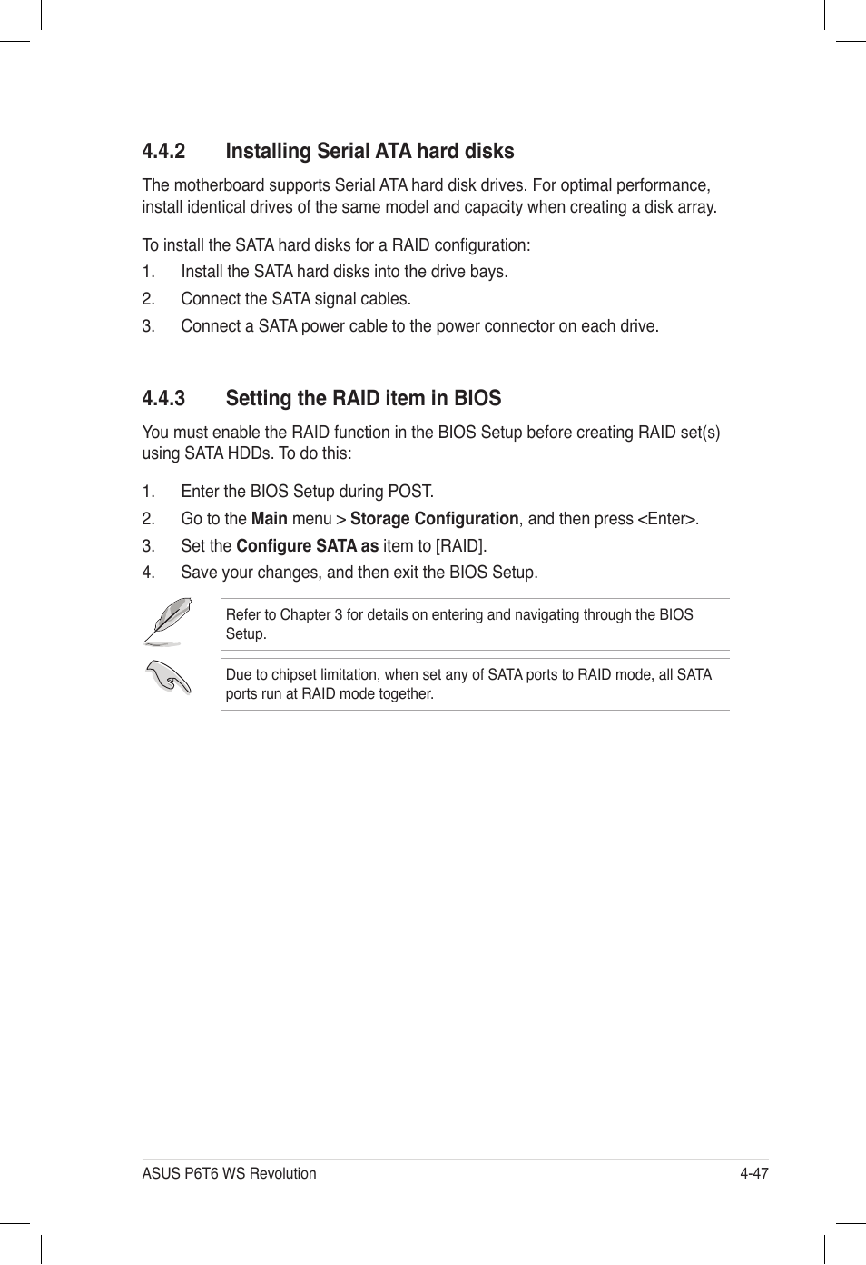 2 installing serial ata hard disks, 3 setting the raid item in bios, Installing serial ata hard disks -47 | Setting the raid item in bios -47 | Asus P6T6 WS Revolution User Manual | Page 155 / 184