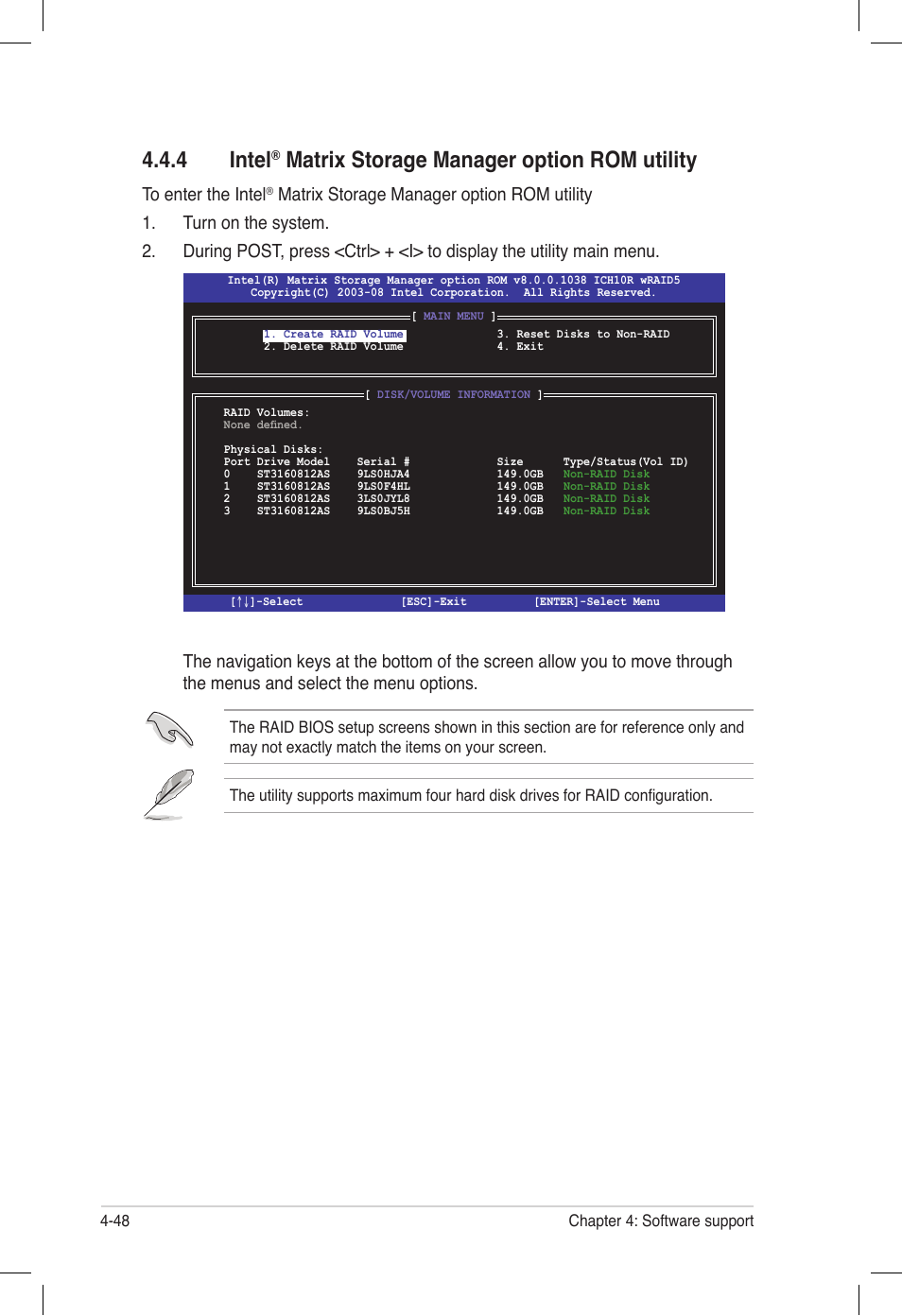 4 intel® matrix storage manager option rom utility, Intel, Matrix storage manager option rom utility -48 | 4 intel, Matrix storage manager option rom utility | Asus P6T6 WS Revolution User Manual | Page 156 / 184