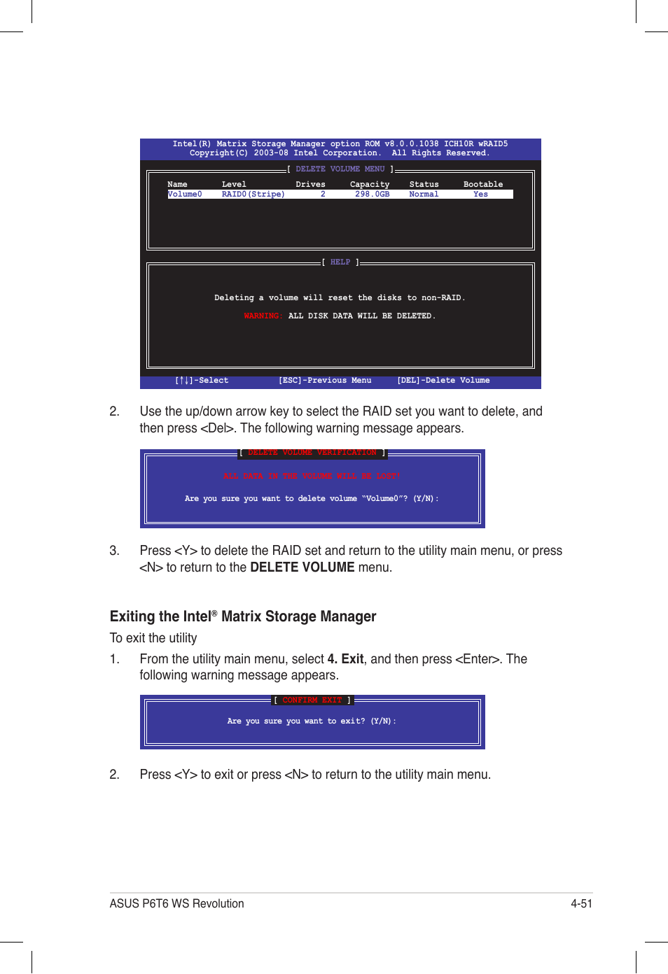 Exiting the intel, Matrix storage manager | Asus P6T6 WS Revolution User Manual | Page 159 / 184