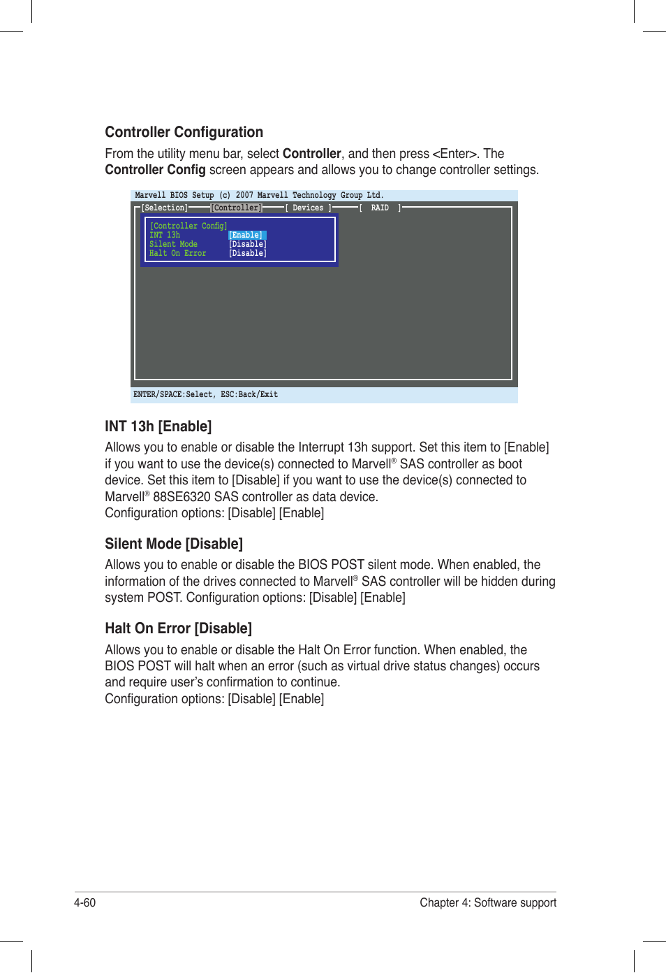 Controller configuration, Int 13h [enable, Silent mode [disable | Halt on error [disable | Asus P6T6 WS Revolution User Manual | Page 168 / 184