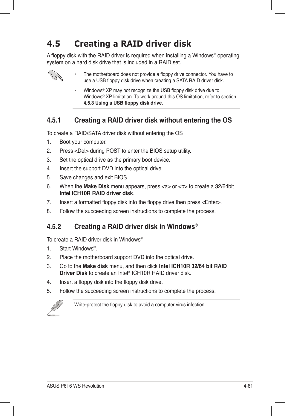 5 creating a raid driver disk, 2 creating a raid driver disk in windows, Creating a raid driver disk -61 4.5.1 | Creating a raid driver disk in windows | Asus P6T6 WS Revolution User Manual | Page 169 / 184