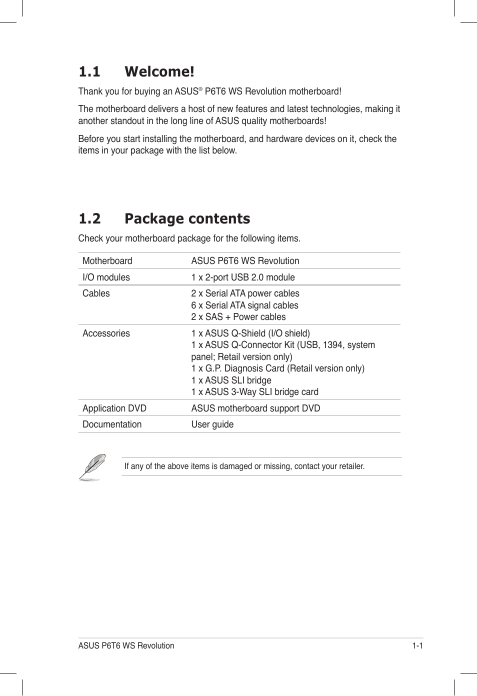 1 welcome, 2 package contents, Welcome! -1 | Package contents -1 | Asus P6T6 WS Revolution User Manual | Page 17 / 184