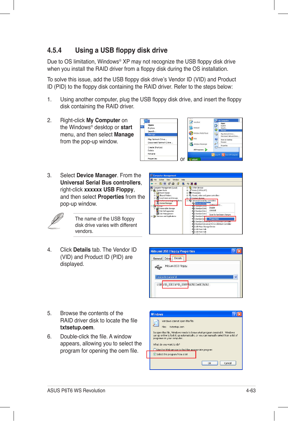 4 using a usb floppy disk drive, Using a usb floppy disk drive -63 | Asus P6T6 WS Revolution User Manual | Page 171 / 184