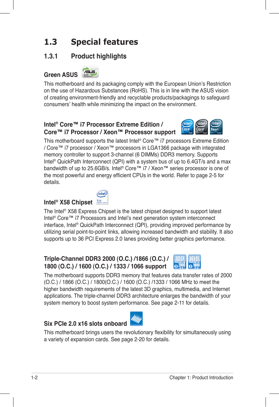 3 special features, 1 product highlights, Special features -2 1.3.1 | Product highlights -2 | Asus P6T6 WS Revolution User Manual | Page 18 / 184