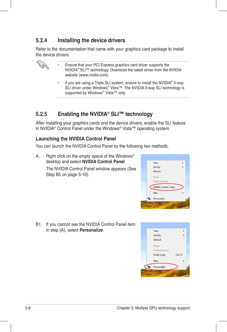 4 installing the device drivers, 5 enabling the nvidia® sli™ technology, Installing the device drivers -8 | Enabling the nvidia, Sli™ technology -8, 5 enabling the nvidia, Sli™ technology, Launching the nvidia control panel | Asus P6T6 WS Revolution User Manual | Page 182 / 184