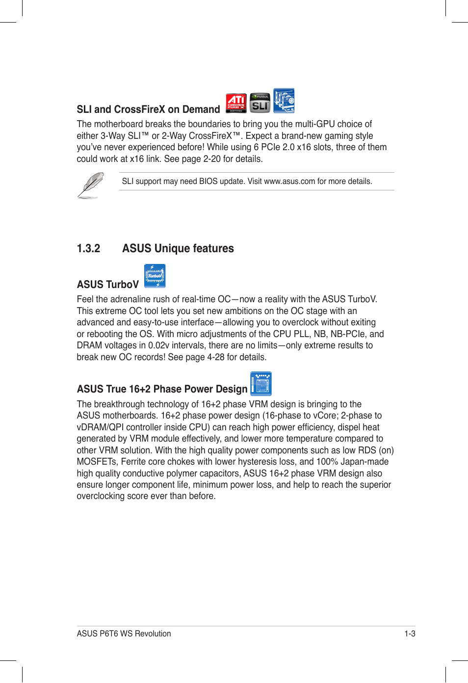 2 asus unique features, Asus unique features -3 | Asus P6T6 WS Revolution User Manual | Page 19 / 184