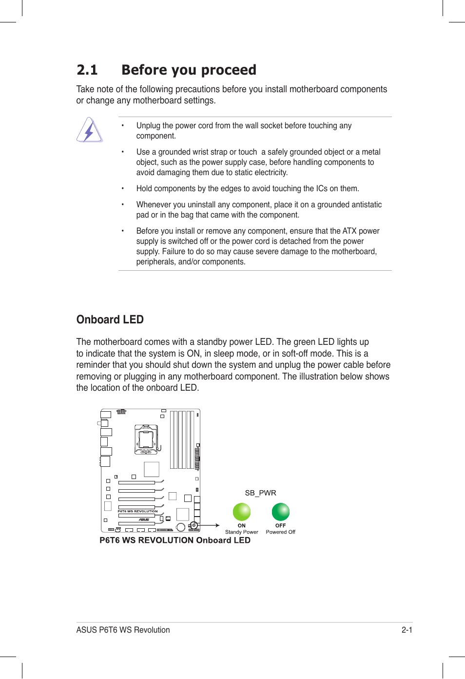 1 before you proceed, Before you proceed -1, Onboard led | Asus P6T6 WS Revolution User Manual | Page 27 / 184