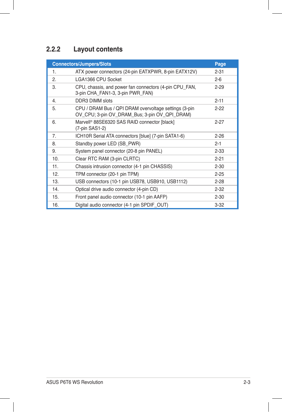 2 layout contents, Layout contents -3 | Asus P6T6 WS Revolution User Manual | Page 29 / 184