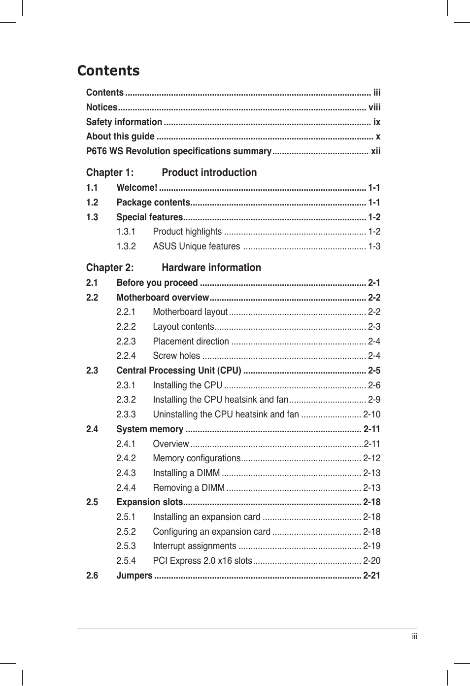 Asus P6T6 WS Revolution User Manual | Page 3 / 184