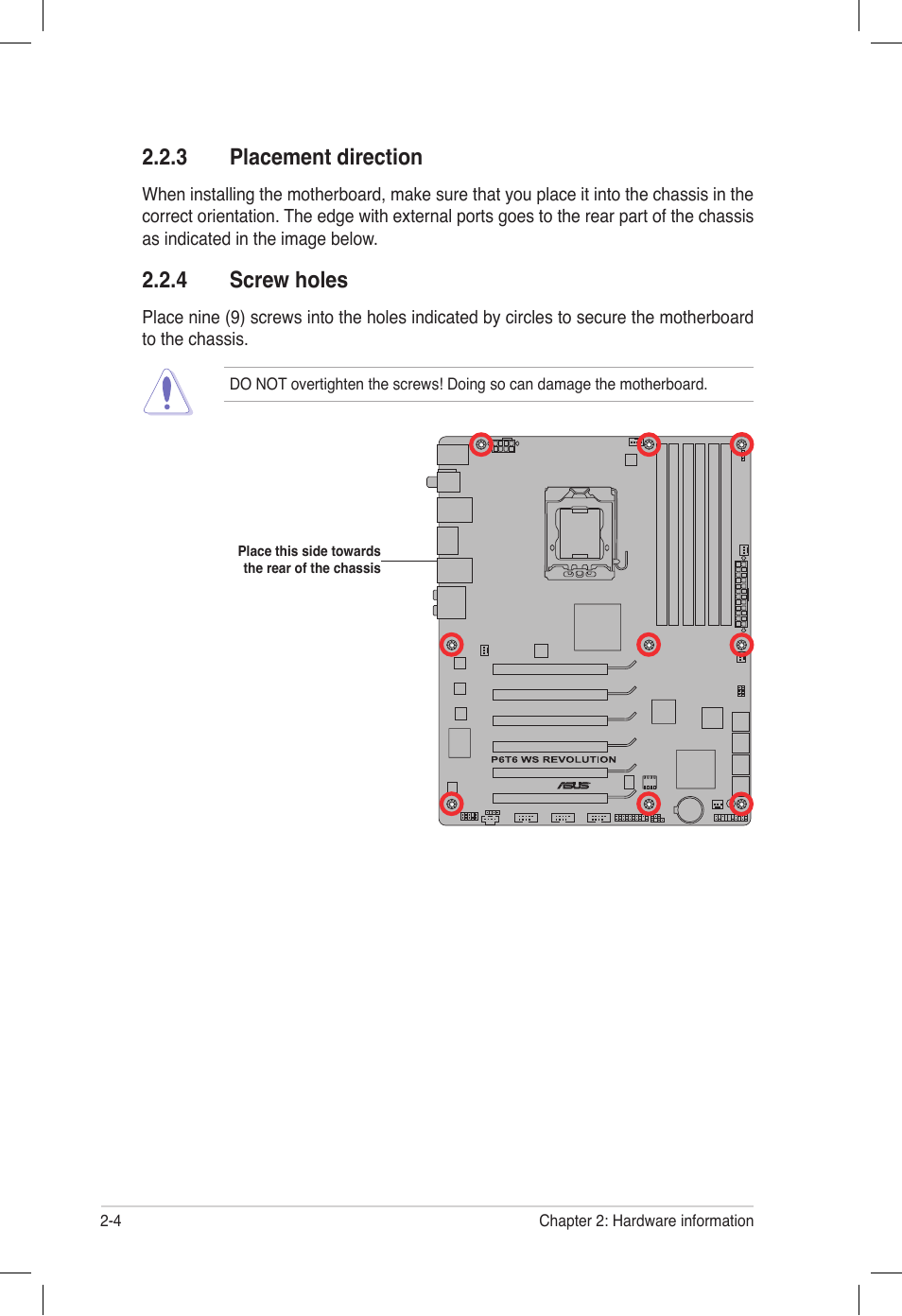 3 placement direction, 4 screw holes, Placement direction -4 | Screw holes -4 | Asus P6T6 WS Revolution User Manual | Page 30 / 184