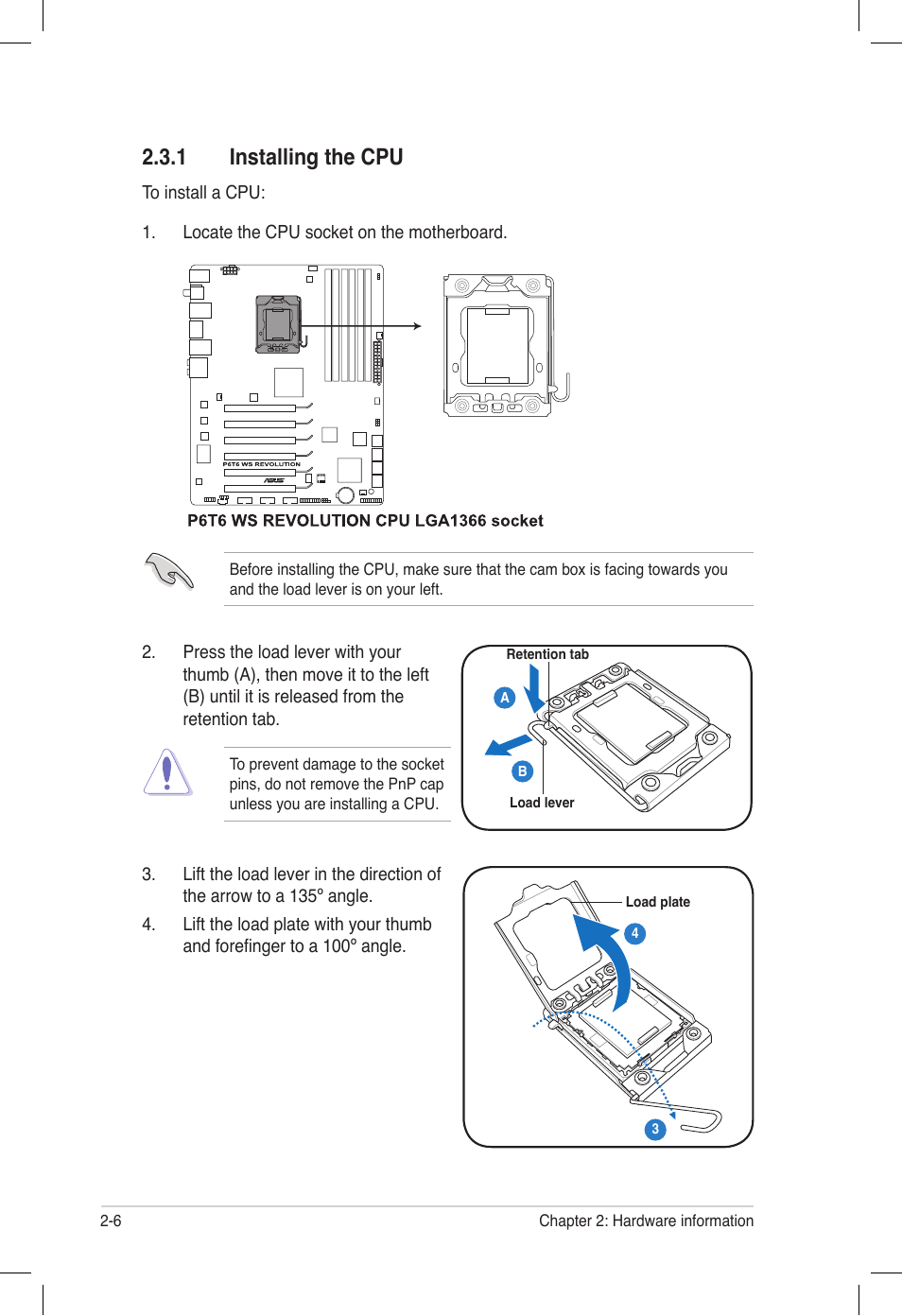 1 installing the cpu, Installing the cpu -6 | Asus P6T6 WS Revolution User Manual | Page 32 / 184