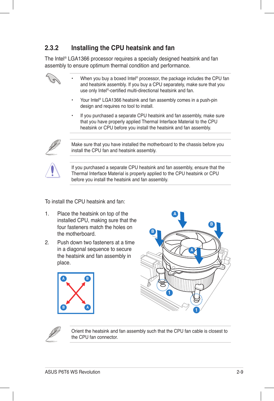 2 installing the cpu heatsink and fan, Installing the cpu heatsink and fan -9 | Asus P6T6 WS Revolution User Manual | Page 35 / 184