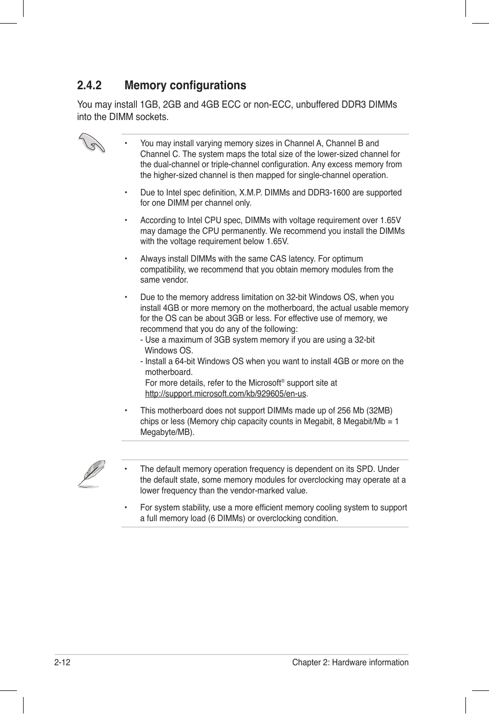 2 memory configurations, Memory configurations -12 | Asus P6T6 WS Revolution User Manual | Page 38 / 184