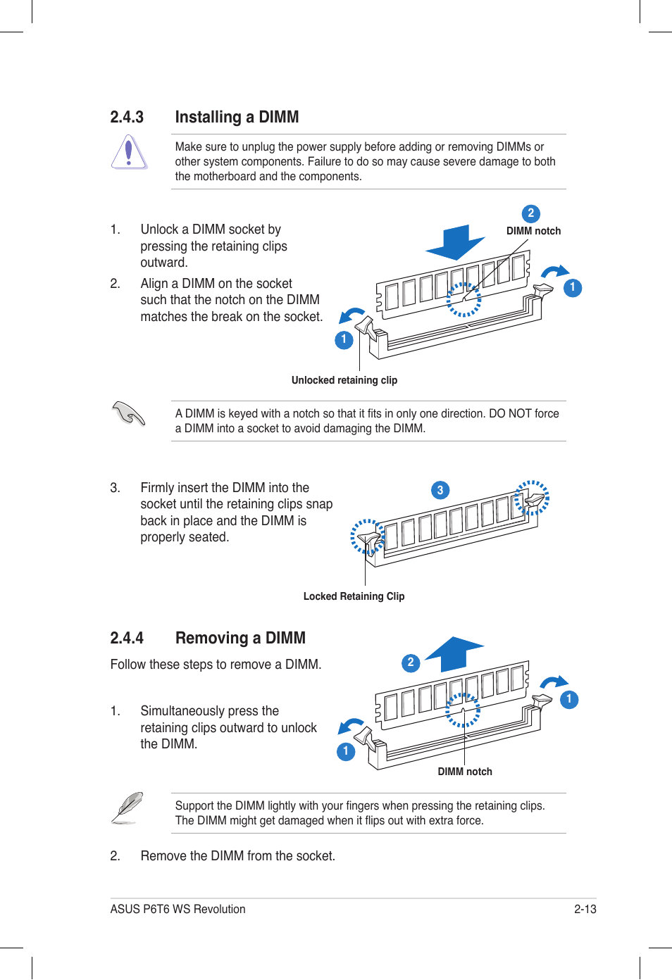 3 installing a dimm, 4 removing a dimm, Installing a dimm -13 | Removing a dimm -13 | Asus P6T6 WS Revolution User Manual | Page 39 / 184