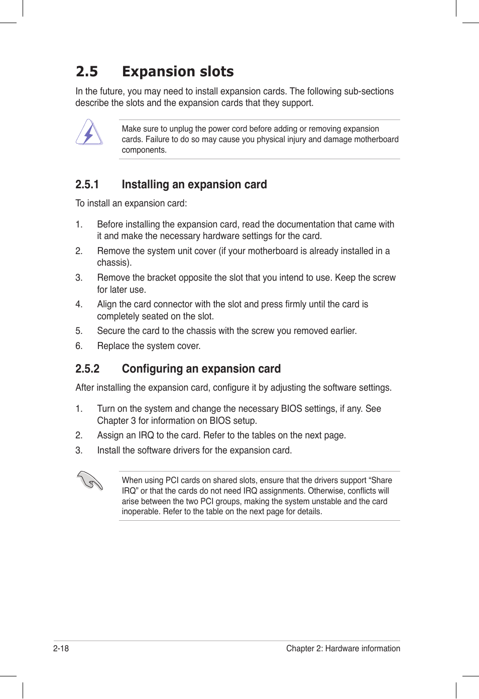 5 expansion slots, 1 installing an expansion card, 2 configuring an expansion card | Expansion slots -18 2.5.1, Installing an expansion card -18, Configuring an expansion card -18 | Asus P6T6 WS Revolution User Manual | Page 44 / 184