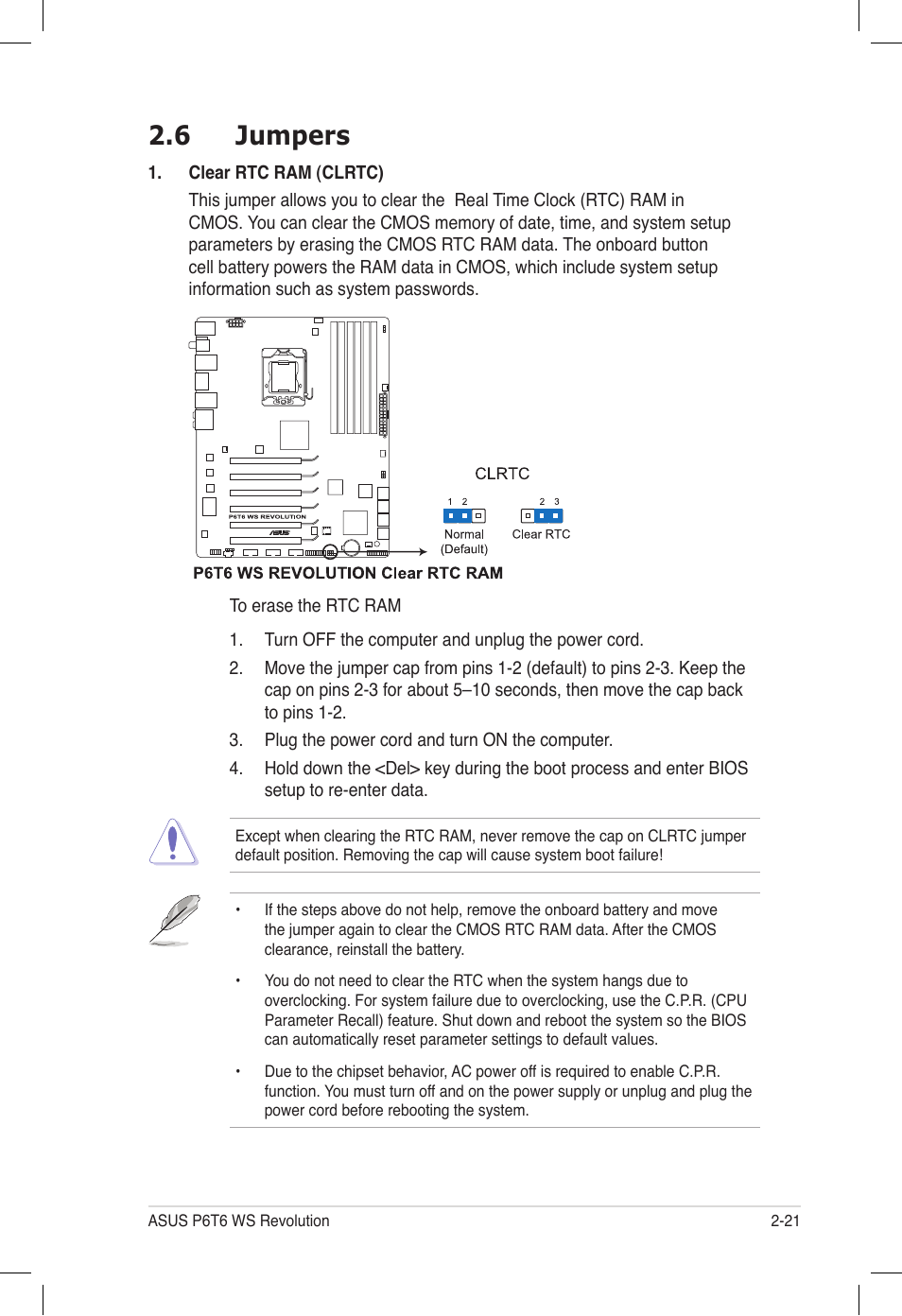 6 jumpers, Jumpers -21 | Asus P6T6 WS Revolution User Manual | Page 47 / 184