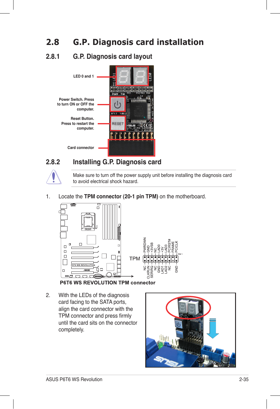 8 g.p. diagnosis card installation, 1 g.p. diagnosis card layout, 2 installing g.p. diagnosis card | G.p. diagnosis card installation -35 2.8.1, G.p. diagnosis card layout -35, Installing g.p. diagnosis card -35 | Asus P6T6 WS Revolution User Manual | Page 61 / 184