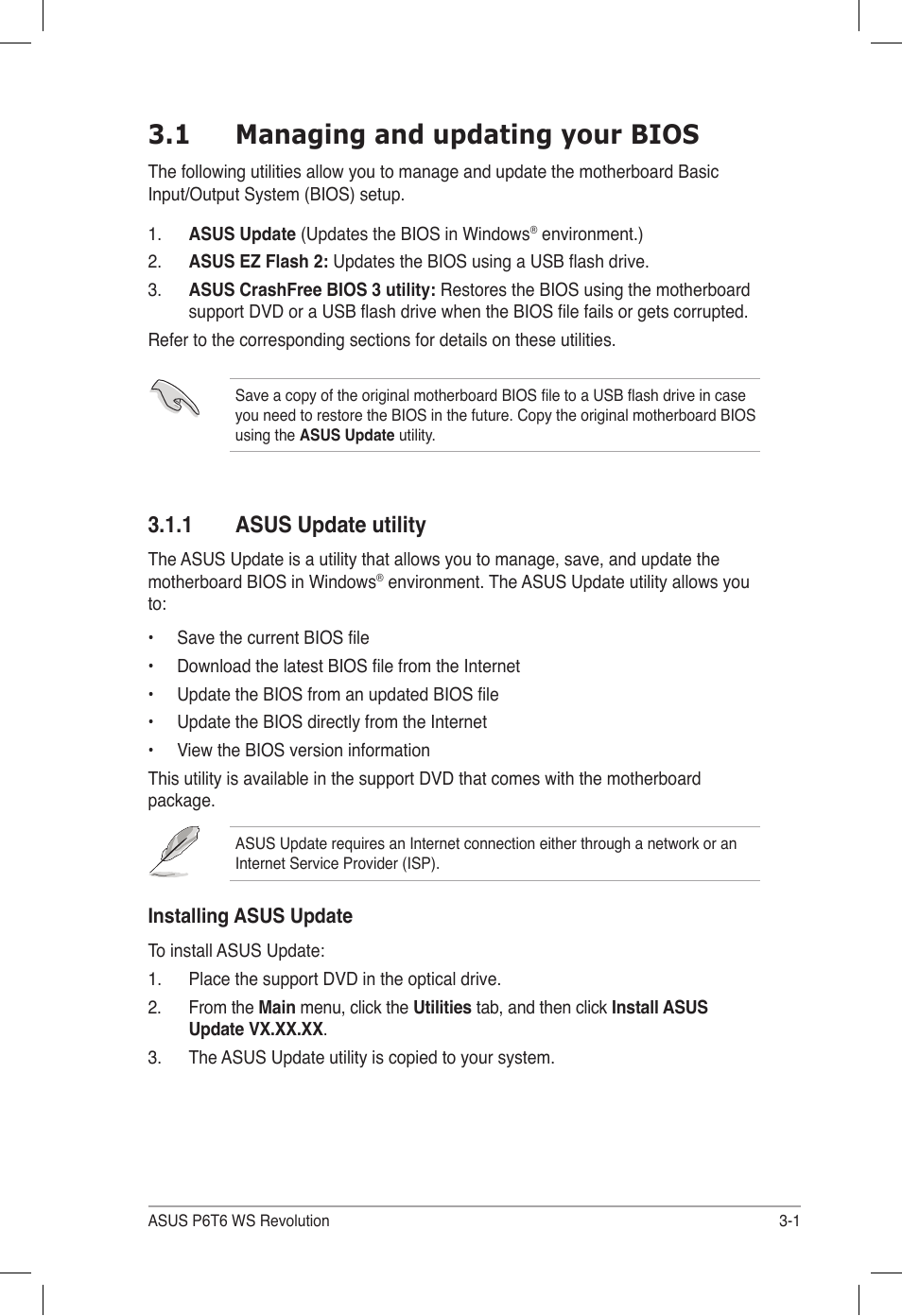 1 managing and updating your bios, 1 asus update utility, Managing and updating your bios -1 3.1.1 | Asus update utility -1 | Asus P6T6 WS Revolution User Manual | Page 67 / 184