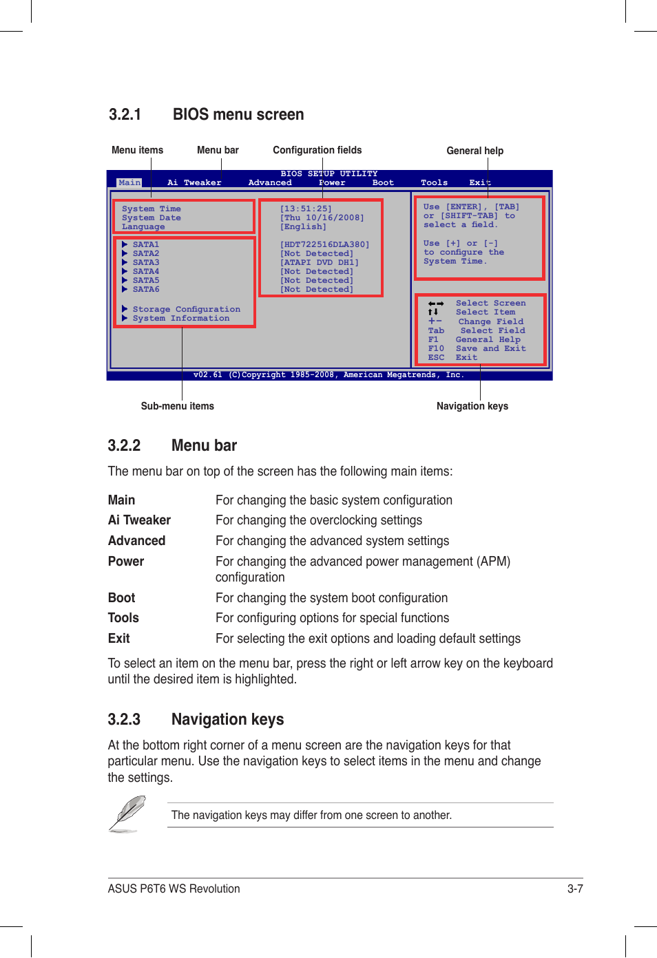 1 bios menu screen, 2 menu bar, 3 navigation keys | Bios menu screen -7, Menu bar -7, Navigation keys -7 | Asus P6T6 WS Revolution User Manual | Page 73 / 184