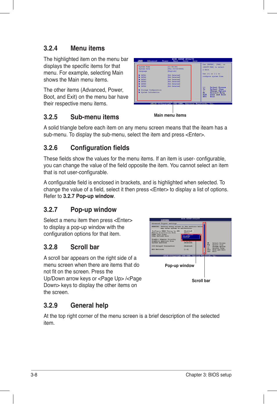 4 menu items, 5 sub-menu items, 6 configuration fields | 7 pop-up window, 8 scroll bar, 9 general help, Menu items -8, Sub-menu items -8, Configuration fields -8, Pop-up window -8 | Asus P6T6 WS Revolution User Manual | Page 74 / 184