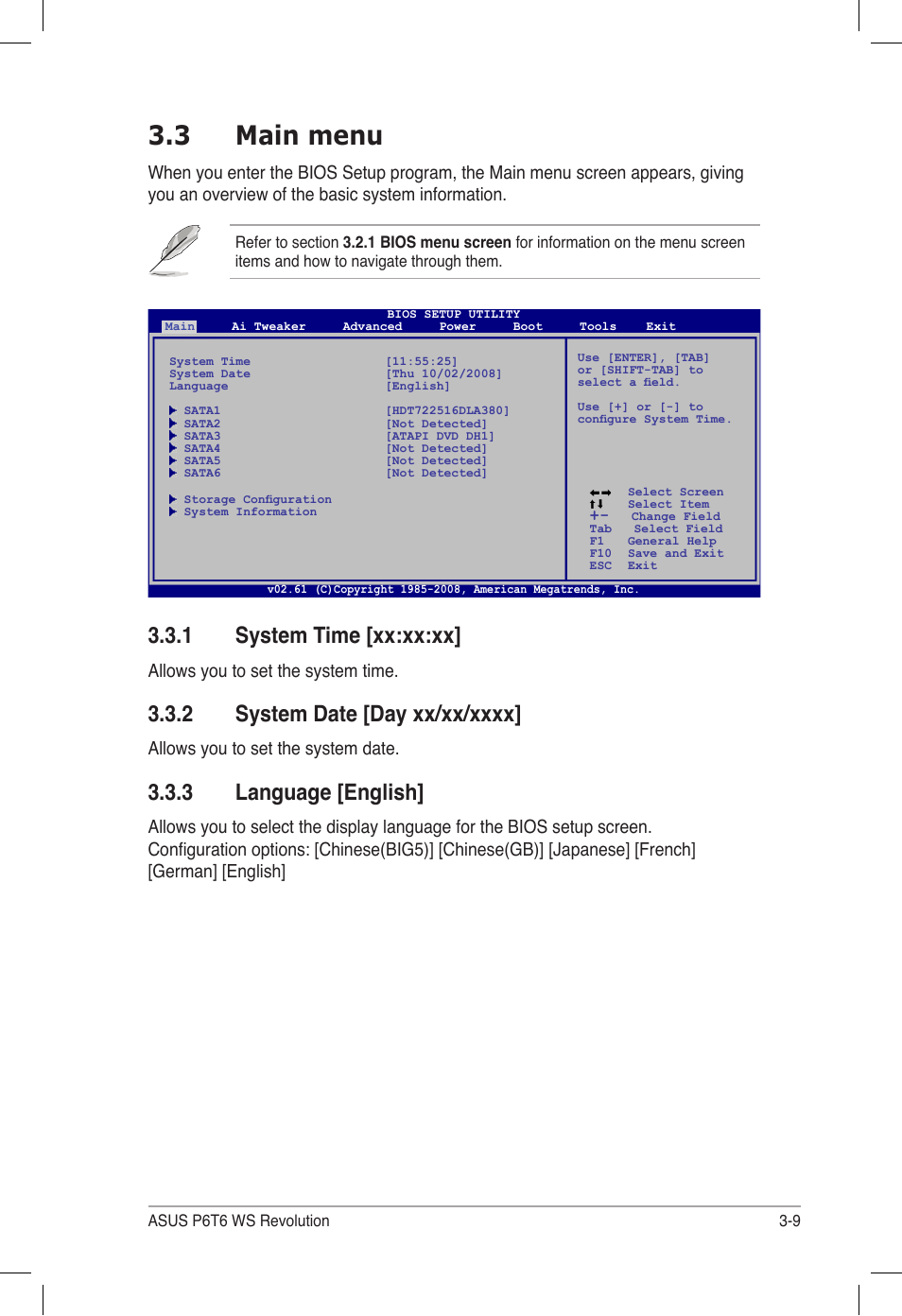 3 main menu, 1 system time [xx:xx:xx, 2 system date [day xx/xx/xxxx | 3 language [english, Main menu -9 3.3.1, System time [xx:xx:xx] -9, System date [day xx/xx/xxxx] -9, Language [english] -9, Allows you to set the system time, Allows you to set the system date | Asus P6T6 WS Revolution User Manual | Page 75 / 184