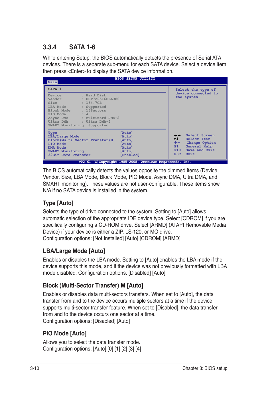 4 sata 1-6, Sata 1-6 -10, Type [auto | Lba/large mode [auto, Block (multi-sector transfer) m [auto, Pio mode [auto | Asus P6T6 WS Revolution User Manual | Page 76 / 184