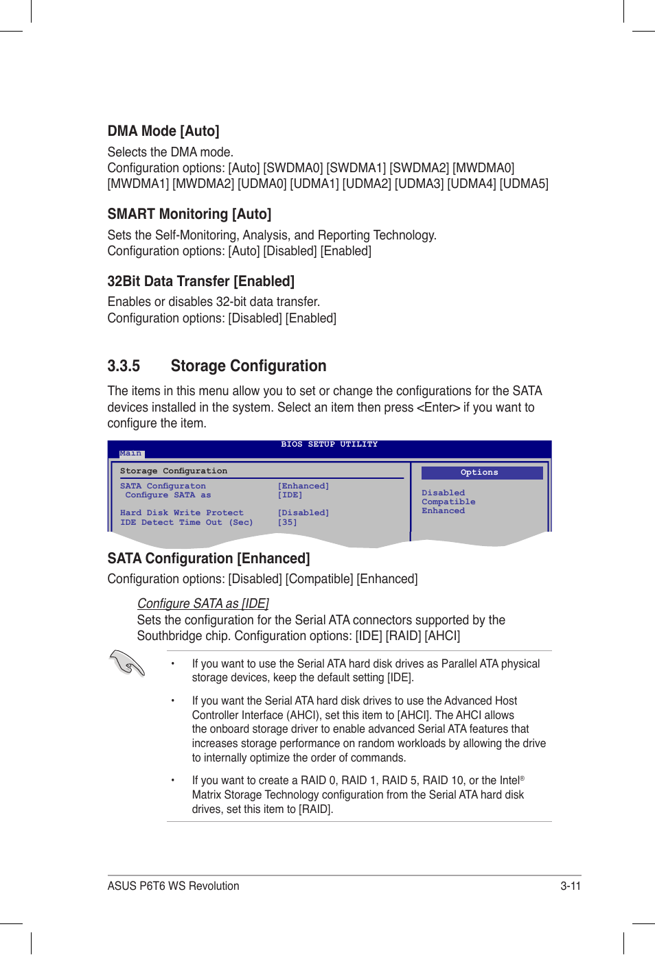 5 storage configuration, Storage configuration -11, Dma mode [auto | Smart monitoring [auto, 32bit data transfer [enabled, Sata configuration [enhanced | Asus P6T6 WS Revolution User Manual | Page 77 / 184