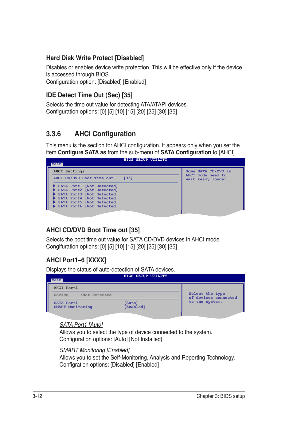 6 ahci configuration, Ahci configuration -12, Hard disk write protect [disabled | Ide detect time out (sec) [35, Ahci cd/dvd boot time out [35 | Asus P6T6 WS Revolution User Manual | Page 78 / 184