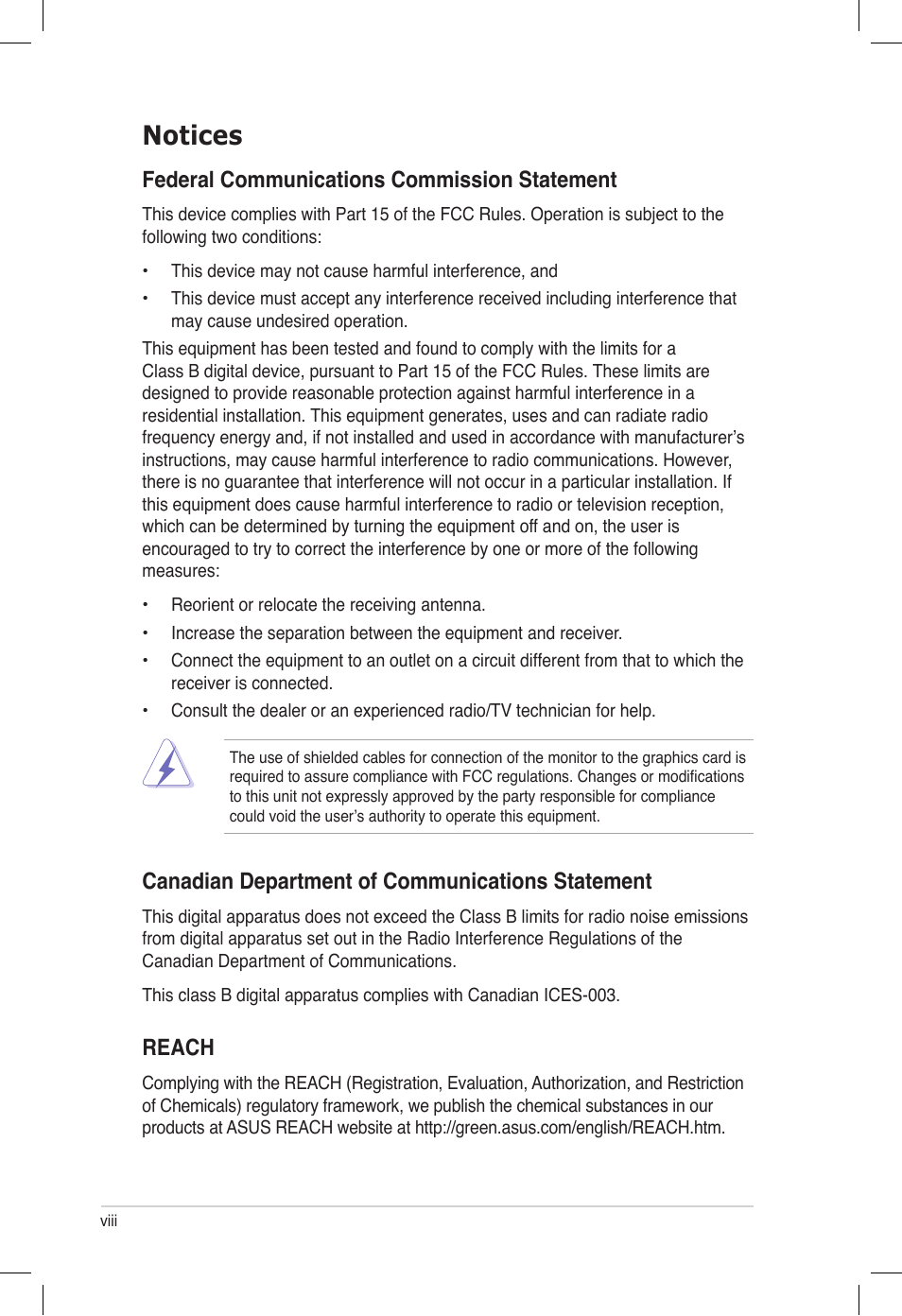 Notices, Federal communications commission statement, Canadian department of communications statement | Reach | Asus P6T6 WS Revolution User Manual | Page 8 / 184