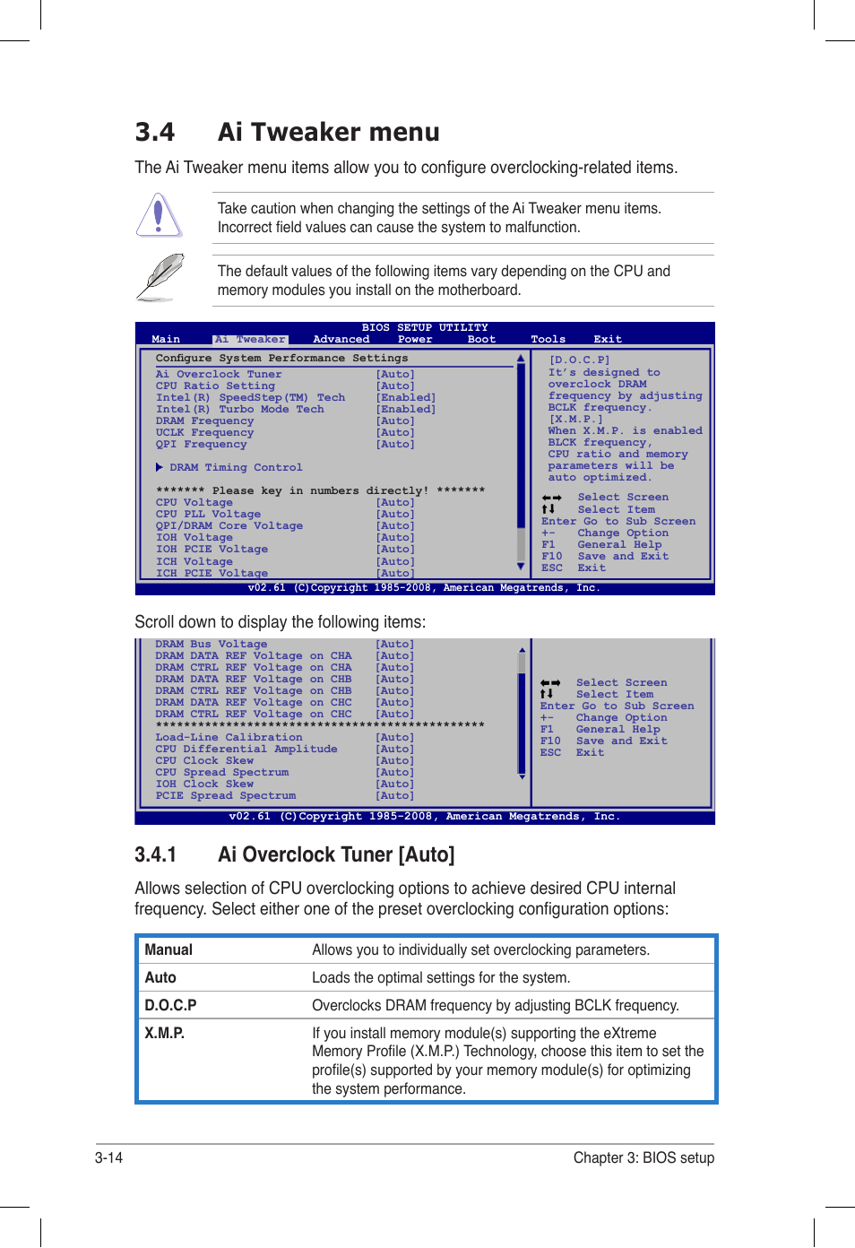 4 ai tweaker menu, 1 ai overclock tuner [auto, Ai tweaker menu -14 3.4.1 | Ai overclock tuner [auto] -14, Scroll down to display the following items | Asus P6T6 WS Revolution User Manual | Page 80 / 184