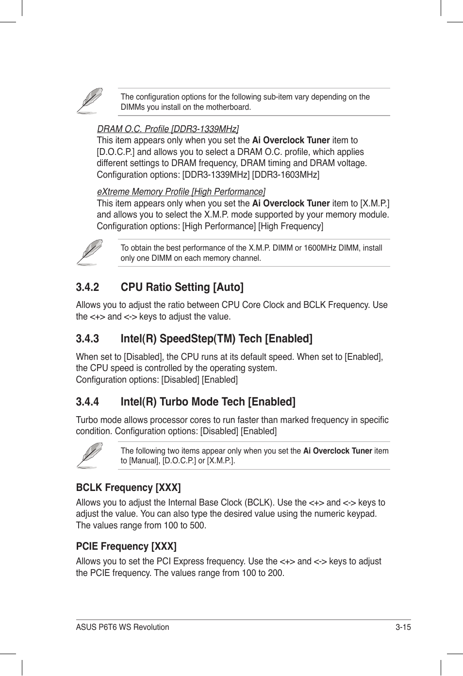 2 cpu ratio setting [auto, 3 intel(r) speedstep(tm) tech [enabled, 4 intel(r) turbo mode tech [enabled | Cpu ratio setting [auto] -15, Intel(r) speedstep(tm) tech [enabled] -15, Intel(r) turbo mode tech [enabled] -15 | Asus P6T6 WS Revolution User Manual | Page 81 / 184