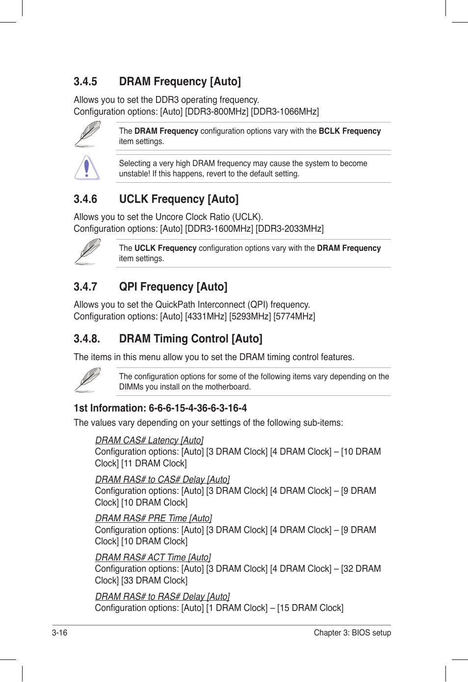 5 dram frequency [auto, 6 uclk frequency [auto, 7 qpi frequency [auto | Dram timing control [auto, Dram frequency [auto] -16, Uclk frequency [auto] -16, Qpi frequency [auto] -16, Dram timing control [auto] -16 | Asus P6T6 WS Revolution User Manual | Page 82 / 184