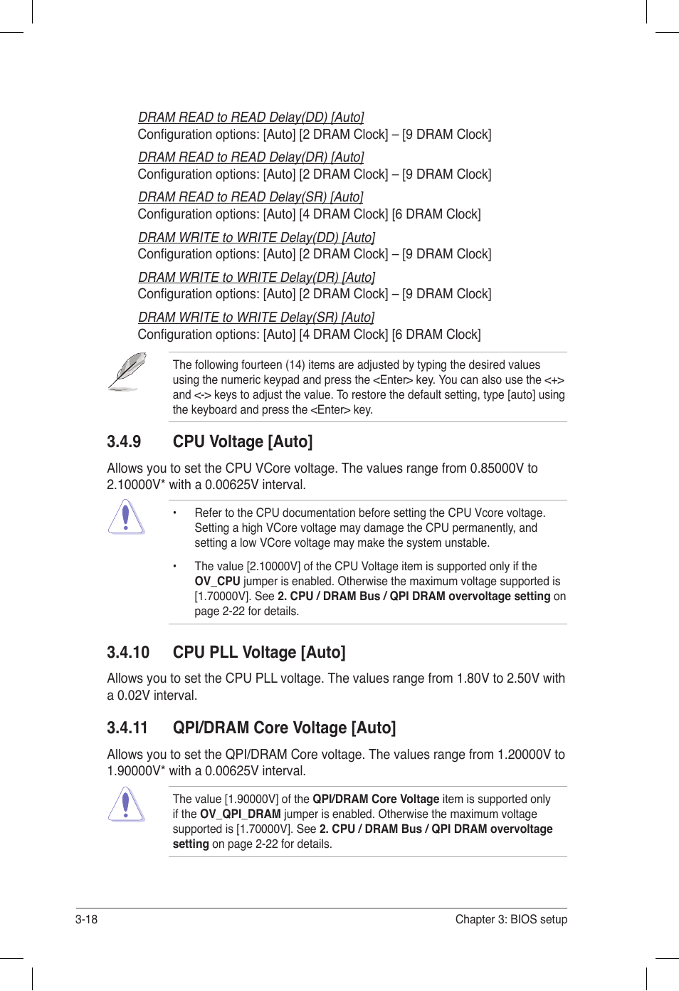 9 cpu voltage [auto, 10 cpu pll voltage [auto, 11 qpi/dram core voltage [auto | Cpu voltage [auto] -18 | Asus P6T6 WS Revolution User Manual | Page 84 / 184