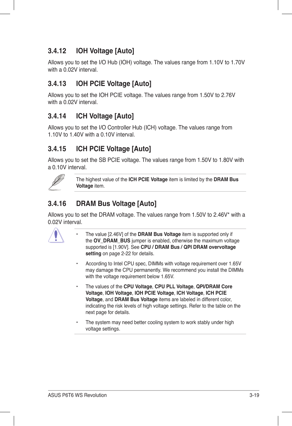 12 ioh voltage [auto, 13 ioh pcie voltage [auto, 14 ich voltage [auto | 15 ich pcie voltage [auto, 16 dram bus voltage [auto | Asus P6T6 WS Revolution User Manual | Page 85 / 184