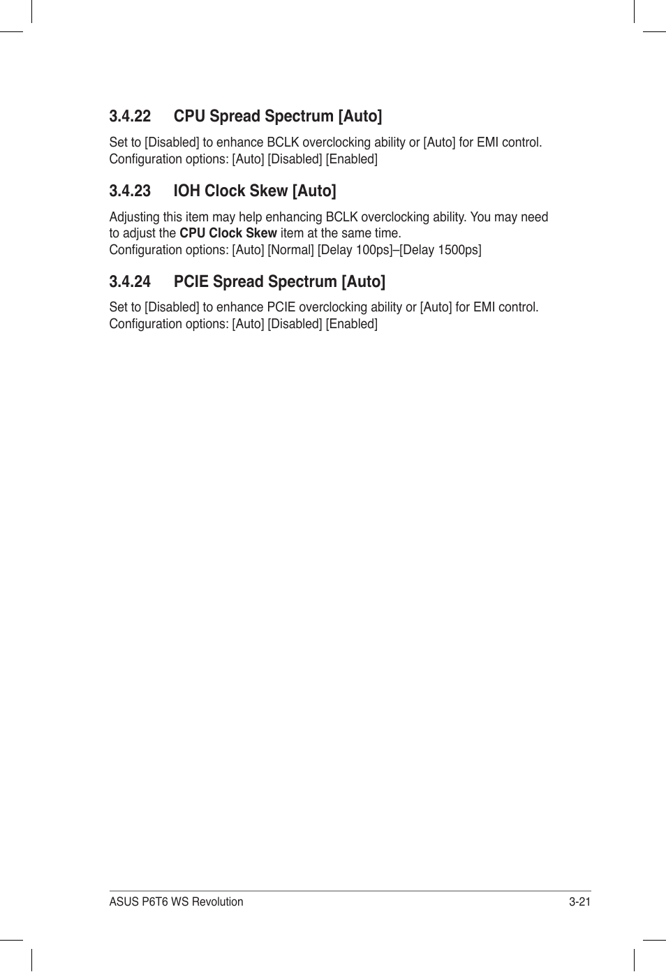 22 cpu spread spectrum [auto, 23 ioh clock skew [auto, 24 pcie spread spectrum [auto | Asus P6T6 WS Revolution User Manual | Page 87 / 184