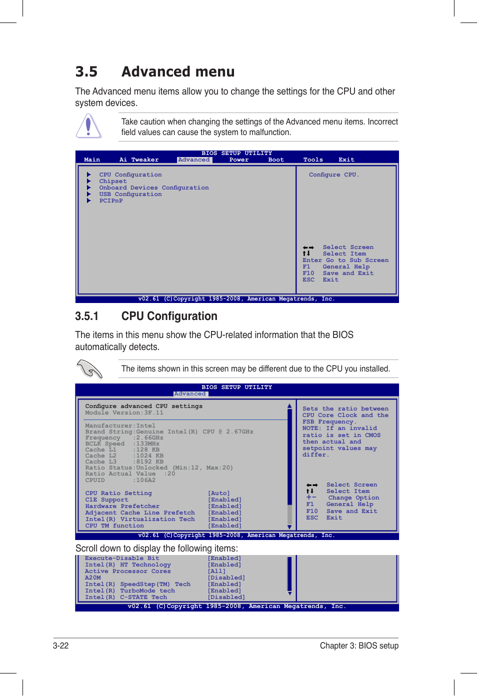 5 advanced menu, 1 cpu configuration, Advanced menu -22 3.5.1 | Cpu configuration -22, Scroll down to display the following items | Asus P6T6 WS Revolution User Manual | Page 88 / 184