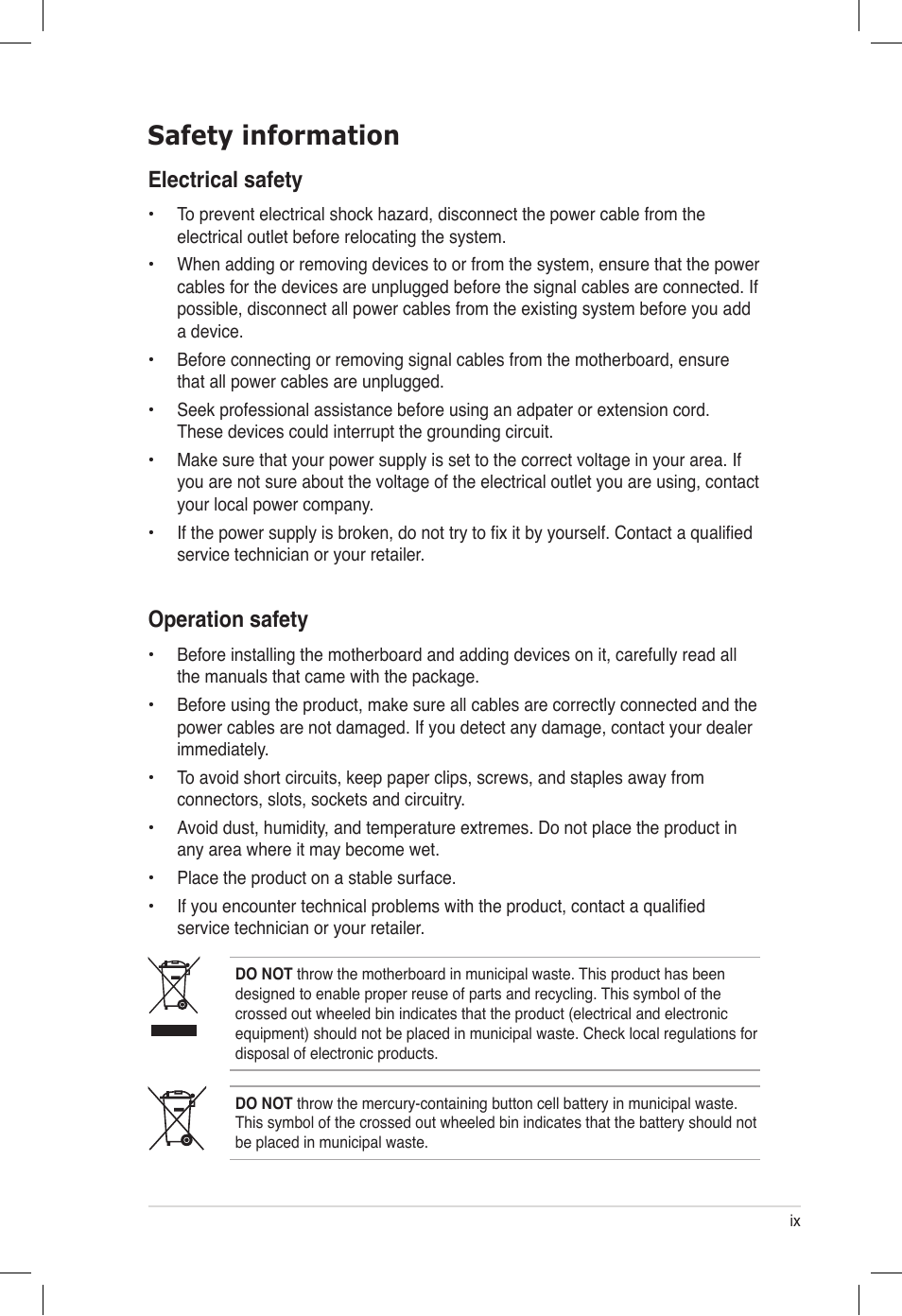 Safety information, Electrical safety, Operation safety | Asus P6T6 WS Revolution User Manual | Page 9 / 184