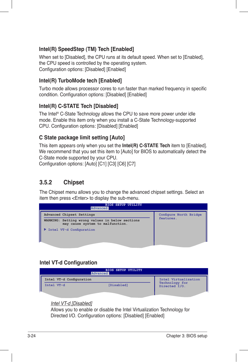 2 chipset, Chipset -24, Intel(r) speedstep (tm) tech [enabled | Intel(r) turbomode tech [enabled, Intel(r) c-state tech [disabled, C state package limit setting [auto, Intel vt-d configuration | Asus P6T6 WS Revolution User Manual | Page 90 / 184