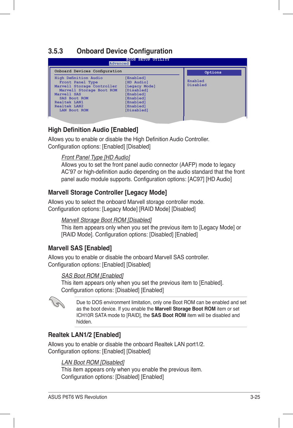 3 onboard device configuration, Onboard device configuration -25, High definition audio [enabled | Marvell storage controller [legacy mode, Marvell sas [enabled, Realtek lan1/2 [enabled | Asus P6T6 WS Revolution User Manual | Page 91 / 184