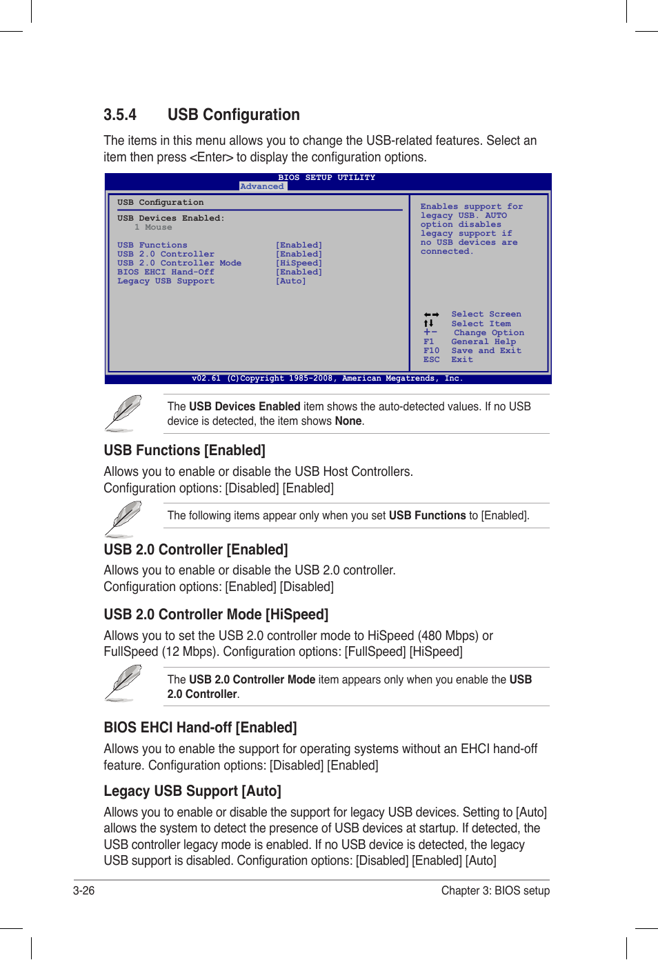 4 usb configuration, Usb configuration -26, Usb functions [enabled | Usb 2.0 controller [enabled, Usb 2.0 controller mode [hispeed, Bios ehci hand-off [enabled, Legacy usb support [auto | Asus P6T6 WS Revolution User Manual | Page 92 / 184