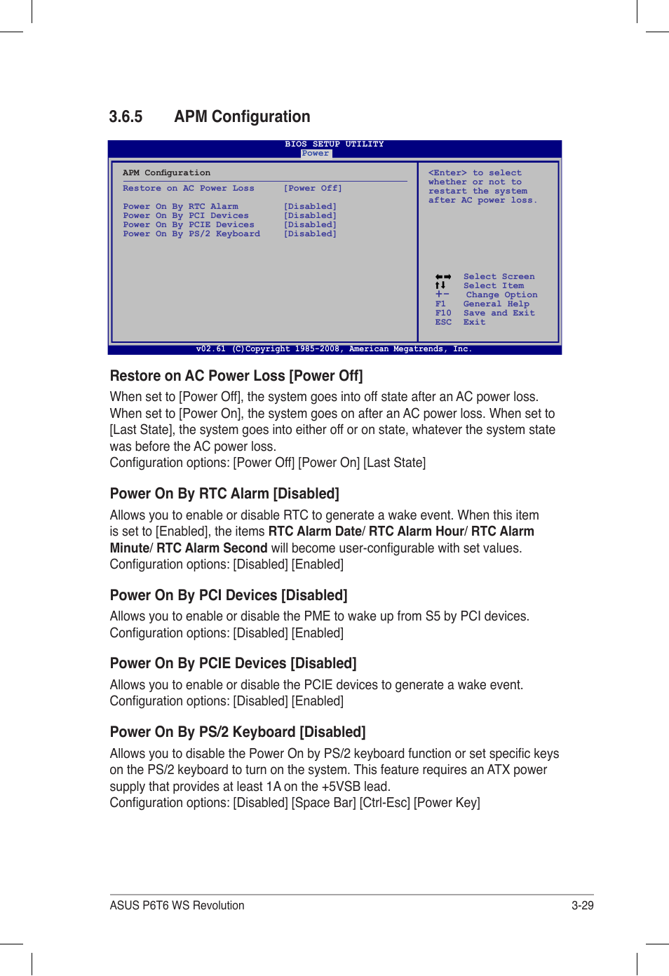 5 apm configuration, Apm configuration -29, Restore on ac power loss [power off | Power on by rtc alarm [disabled, Power on by pci devices [disabled, Power on by pcie devices [disabled, Power on by ps/2 keyboard [disabled | Asus P6T6 WS Revolution User Manual | Page 95 / 184