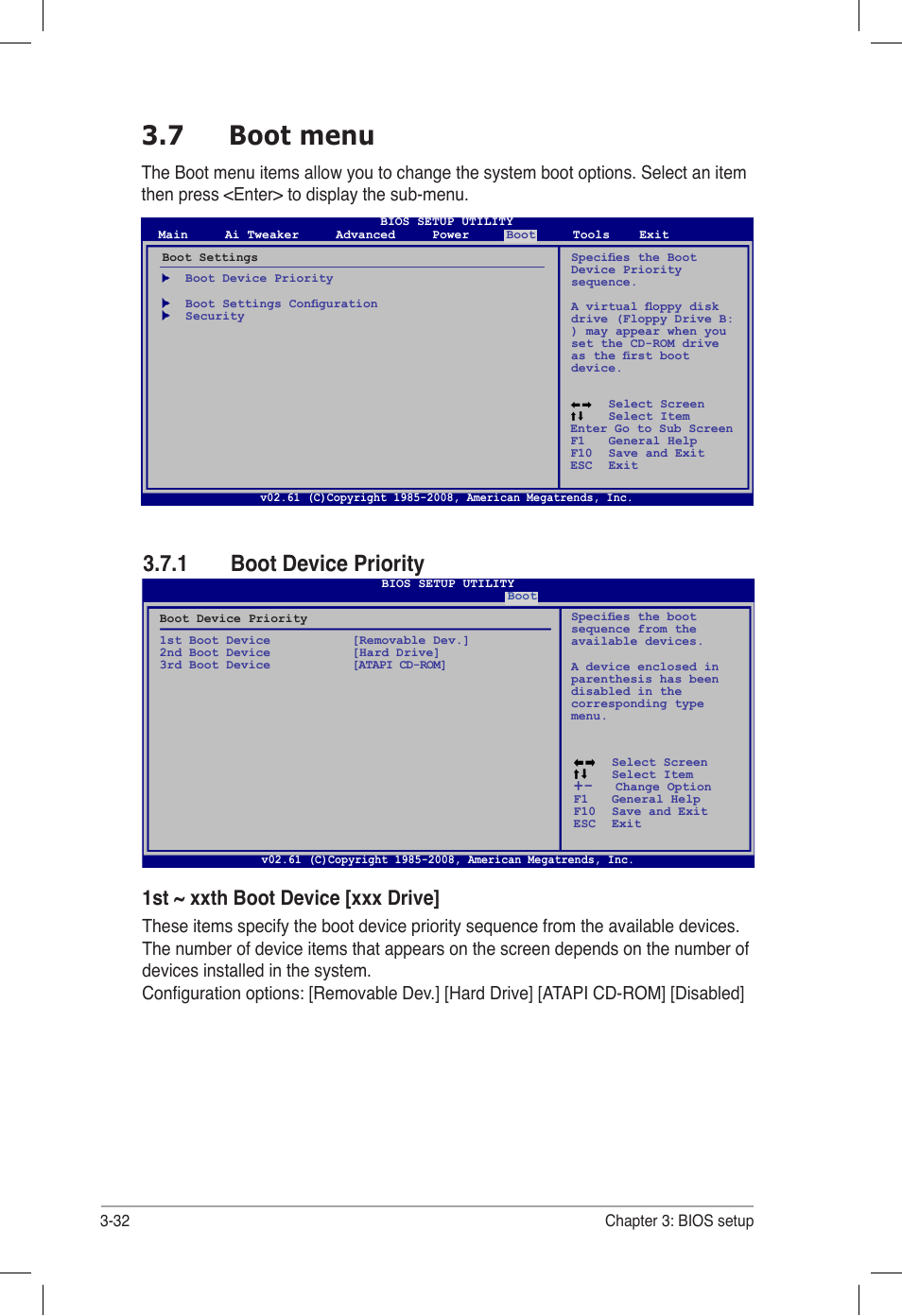 7 boot menu, 1 boot device priority, Boot menu -32 3.7.1 | Boot device priority -32, 1st ~ xxth boot device [xxx drive | Asus P6T6 WS Revolution User Manual | Page 98 / 184