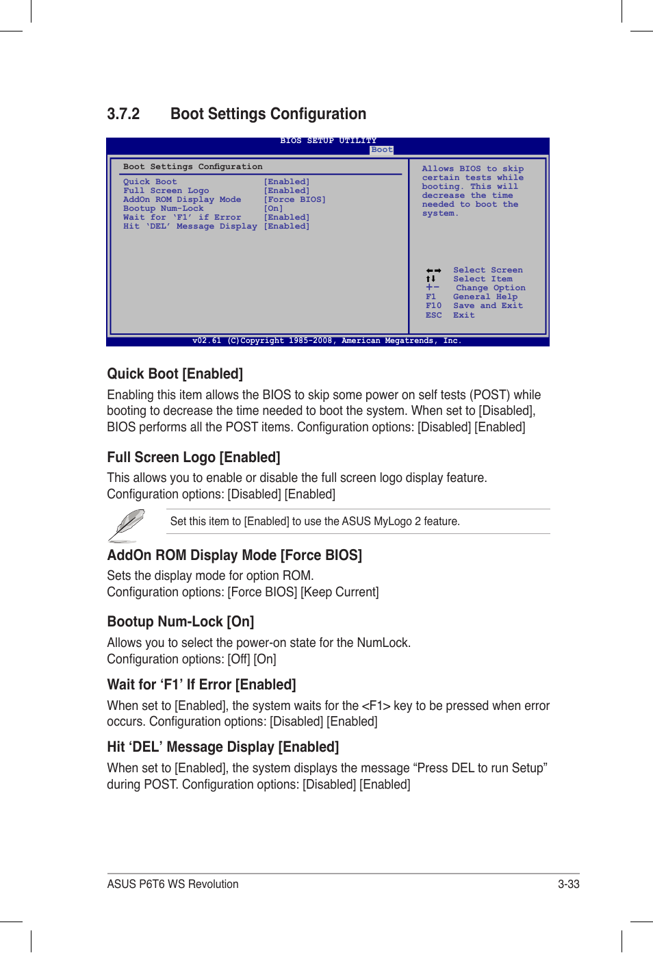 2 boot settings configuration, Boot settings configuration -33, Quick boot [enabled | Full screen logo [enabled, Addon rom display mode [force bios, Bootup num-lock [on, Wait for ‘f1’ if error [enabled, Hit ‘del’ message display [enabled | Asus P6T6 WS Revolution User Manual | Page 99 / 184